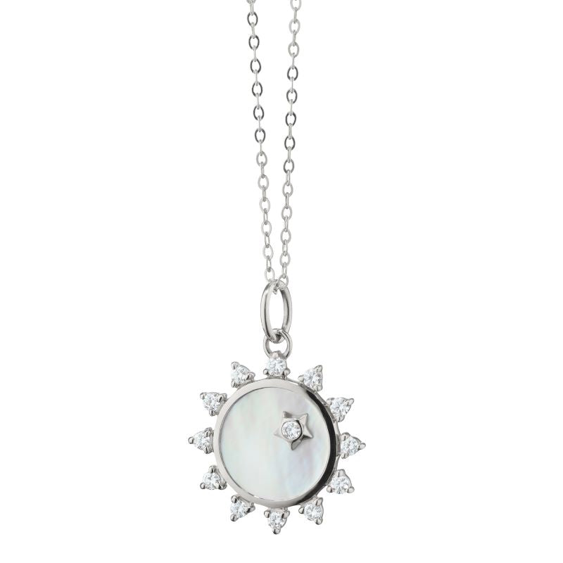 "Happiness" Sun Sterling Silver Necklace with White Sapphires