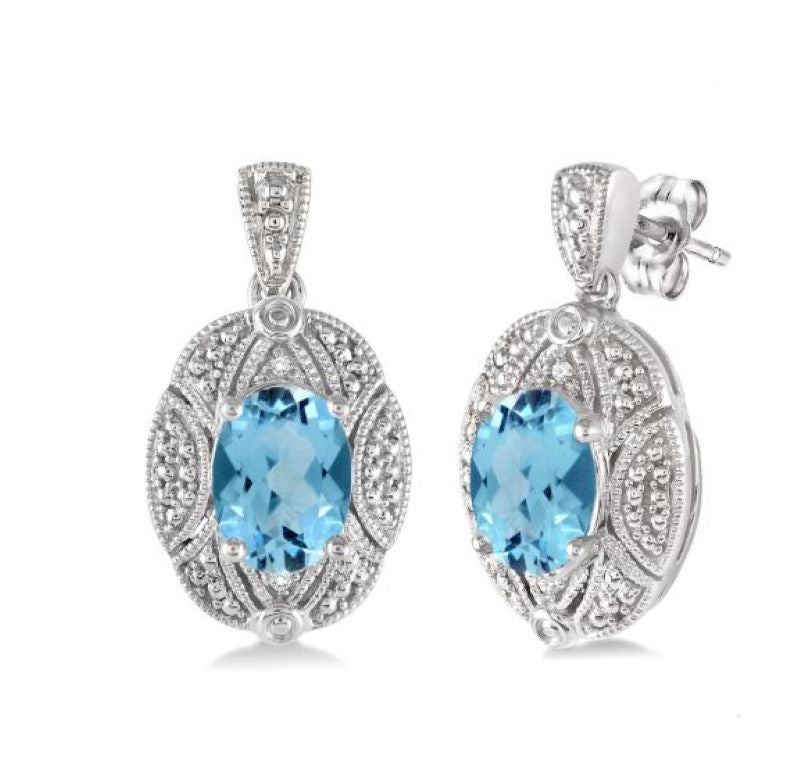 Sterling Silver Blue Topaz and Diamond Vintage Style Earrings