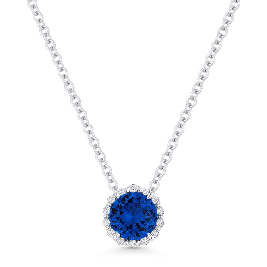 Created Blue Corundum/Dia Round Pendant