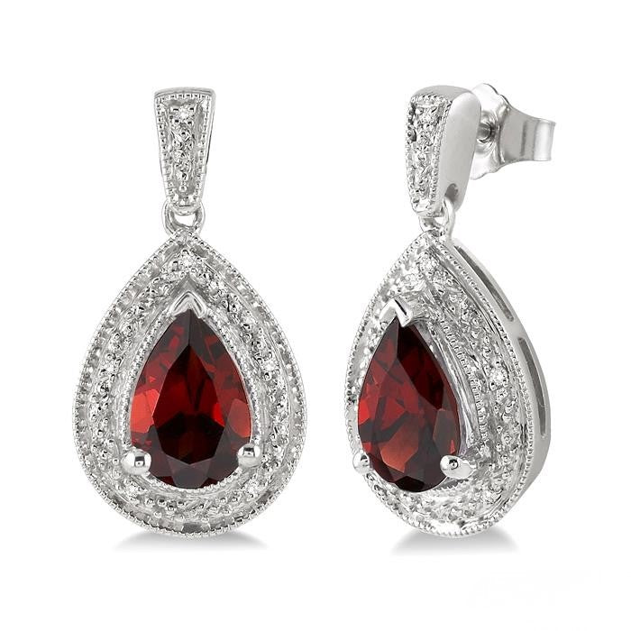 Garnet and Diamond Pear Shaped Drop Earrings