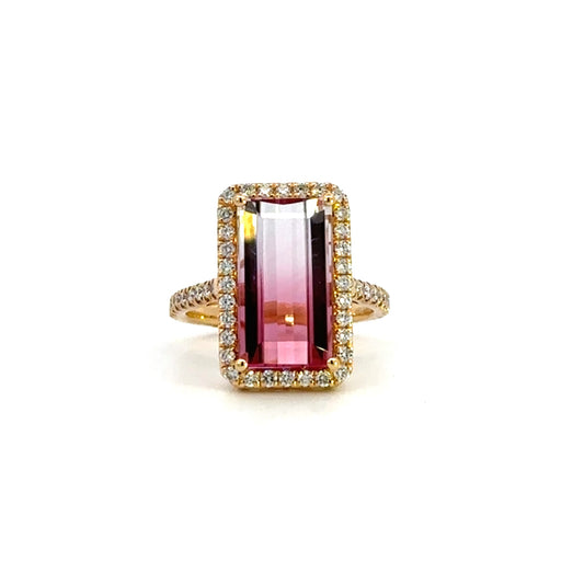 Tourmaline Bicolor Emerald Cut  and  Diamond Ring