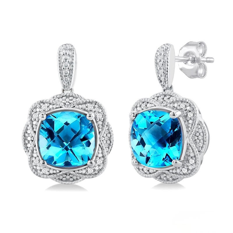 Cushion Blue Topaz and Diamond Halo Earrings