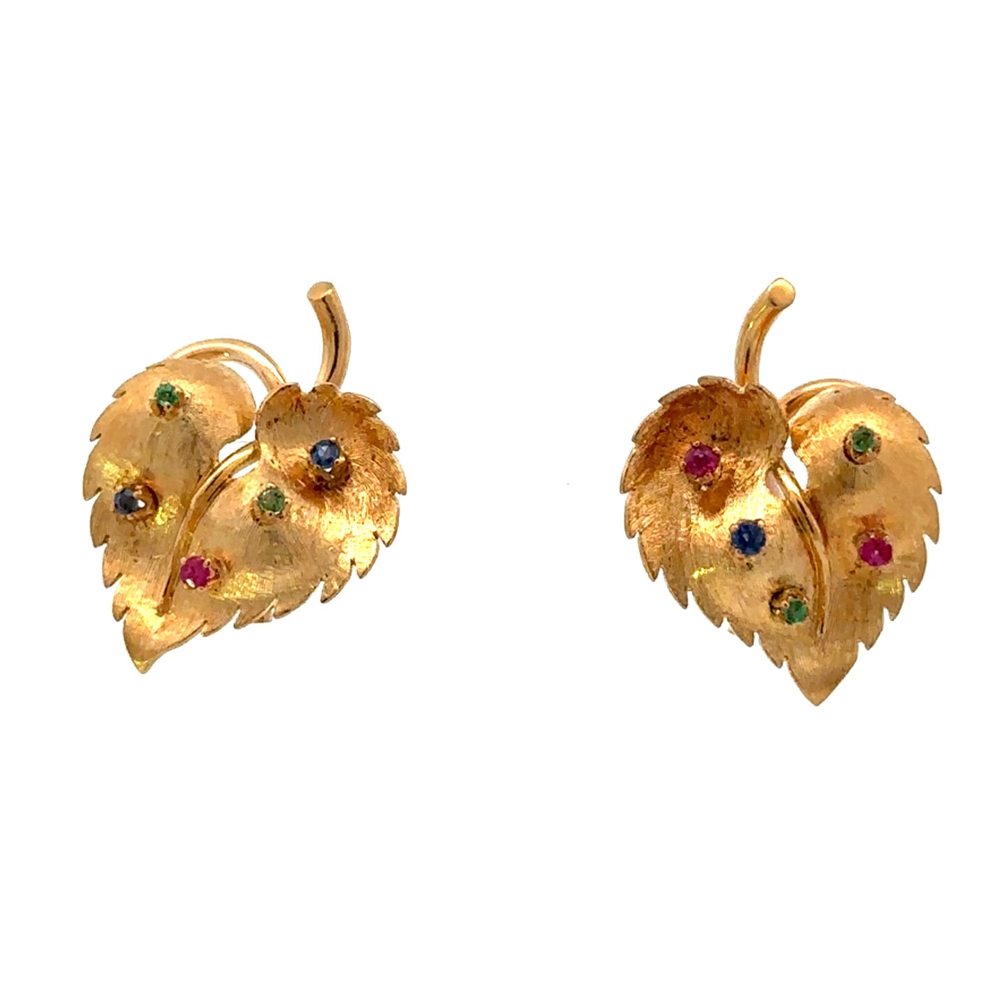 Estate Leaf style Earrings Ruby-Sapphire-Emerald Non-Pierced 18K Yellow Estate Jewelry