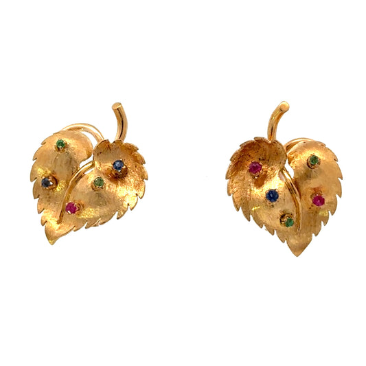 Estate Leaf style Earrings Ruby-Sapphire-Emerald Non-Pierced 18K Yellow Estate Jewelry