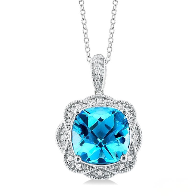 Cushion Blue Topaz and Diamond Halo Pendant