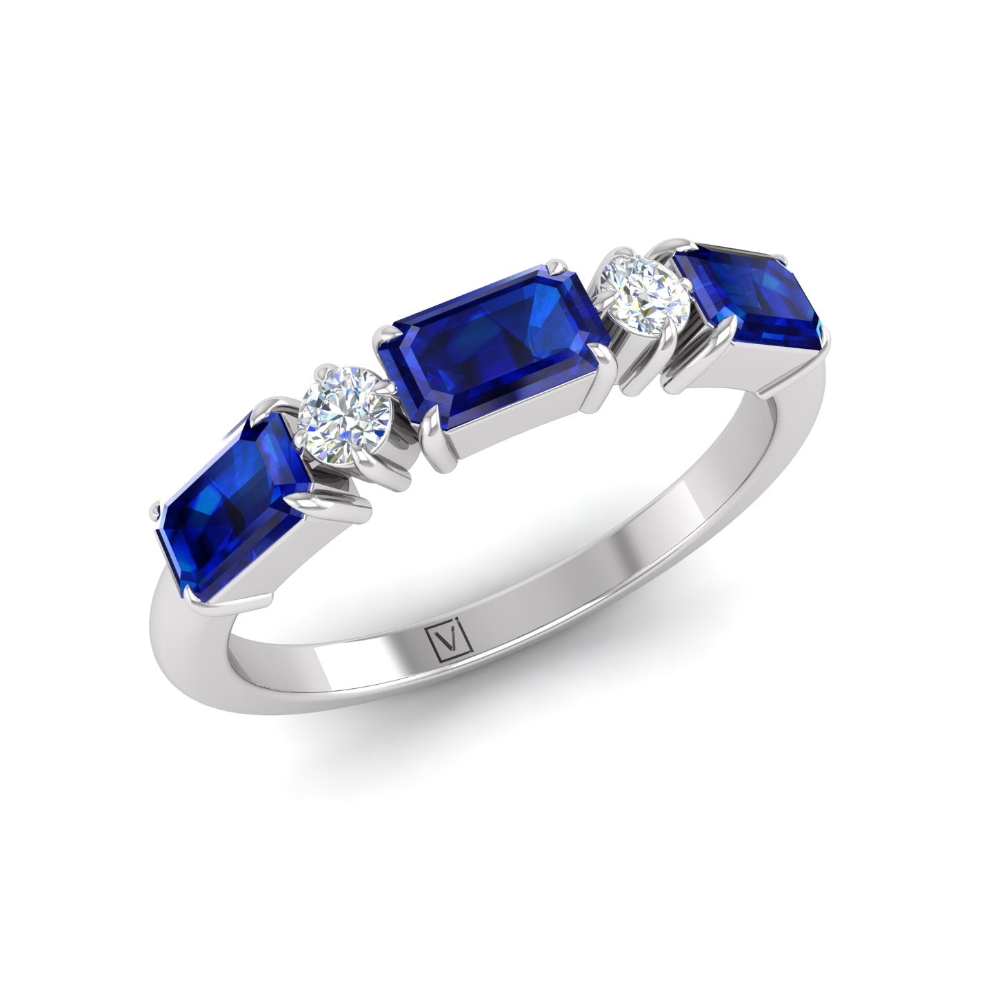 Sapphire Emerald Cut and Diamond Band